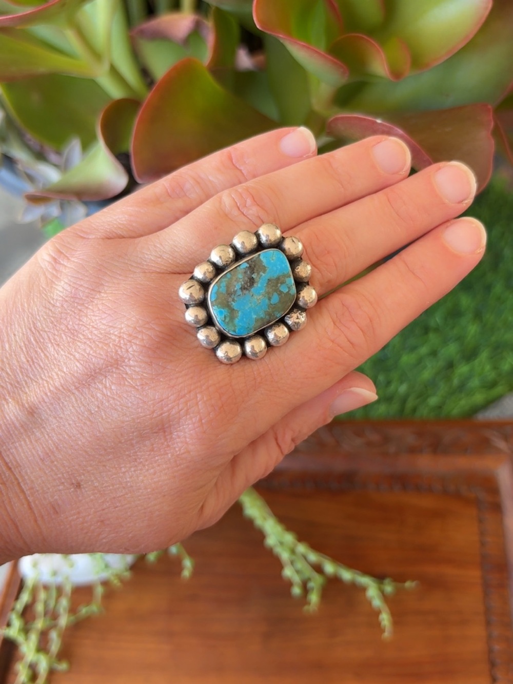 Chimney Butte Sterling Silver Turquoise Halo Statement Ring Size 8